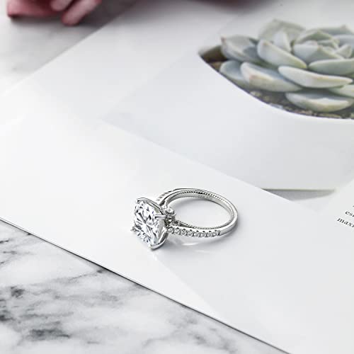 Gem Stone King 5.27 Cttw White Moissanite and White Created Sapphire Engagement Ring For Women | 925 Sterling Silver | Cushion 10MM | Available In Size 5, 6, 7, 8, 94