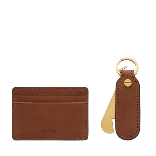 Image of Fossil Men's Steven Leather Card Case & Keyfob Gift Set Wallet, Medium Brown (Model: MLG0791210)