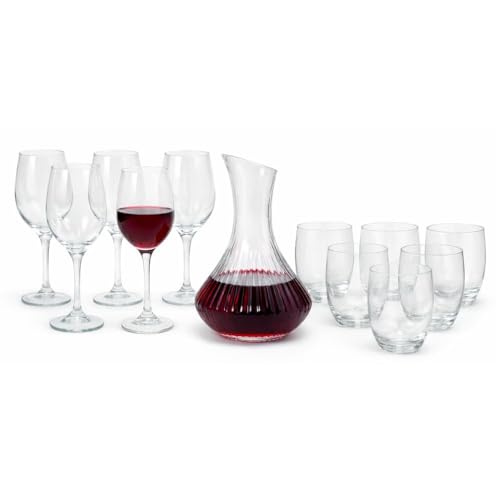 Cecaro Group Set 13 Pezzi Linea Shine – Decanter 1,5 L + 6 Bicchieri Acqua 350 ml + 6 Calici Vino 320 ml – Set in Vetro Resistente e Lavabile in Lavastoviglie