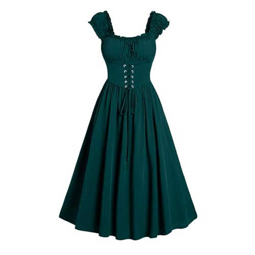 Disfarces de Halloween mulher, vintage punk corset vestido gótico com cordão renascentista vestidos médios para mulher sem manga maxi vestidos de noite elegantes disfarces Halloween festa, verde, L