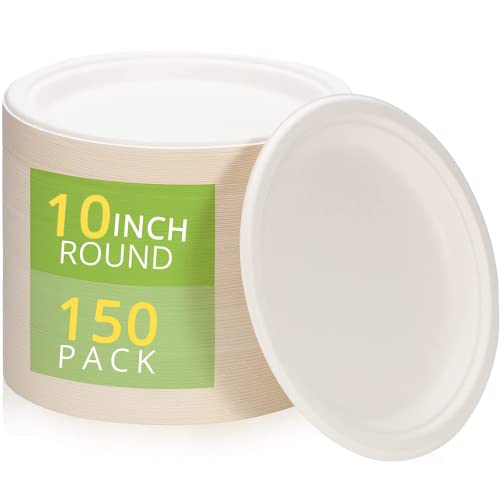 Birchio 125 Stück, 100 % kompostierbare Pappteller (25,4 cm), robuste Einwegteller, umweltfreundliche Speiseteller, biologisch abbaubare Teller aus Zuckerrohrfaser Cover