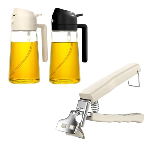 Xersex 2 pcs 2 in 1 Ölsprüher zum Kochen, 470ml Glasölflaschen/Olivenöl Sprühflasche für Salat, Grillen und Heißluftfritteuse, 1 Retriever Zange, Griff zum Tragen und Greifen von Schüsseln