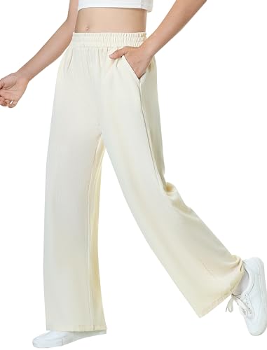 Image of EXARUS 3 Pack Girls Wide Leg Pants Flowy Linen Teen Casual Loose Baggy | Tween Beach Vacation Trousers with Pockets Elastic High Wasited Straight Bottoms Youth Junior Kids School 6-12Y
