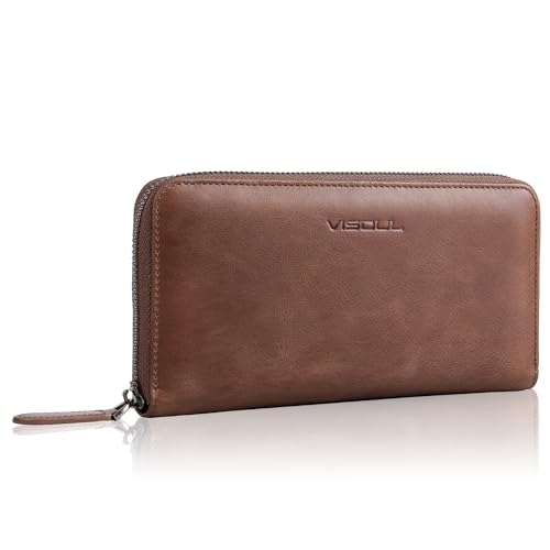 VISOUL Leather Long Zipper Pouch Wallet for Men and Women with RFID Blocking, Large Clutch Cash Long Wallet with Zipper (Brown)