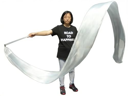 Winged Sirenny Sheer Silk Ribbon Dancer Wand 4.4yds, Playsilk Streamer with Rods, Church Praise & Worship Adoration Flag Banner. (White)
