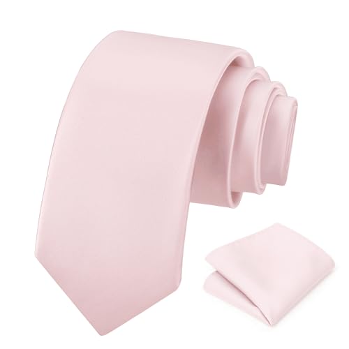 PenSee Mens Blush Pink Tie Set Solid Pure Color 3.15 (8CM) Classic Formal Plain Necktie and Pocket Square Set For Men