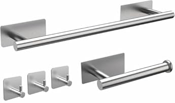 Foto di Set porta Asciugamani da Bagno Completo Adesivo, include Porta Asciugamani, Porta Rotolo Carta Igienica, tre Ganci Appendi Asciugamani, Accappatoio, Salvietta, in Acciaio Inossidabile, Accessori Casa