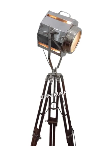 Handmade Nautical Spotlight Floor Lamp: Chrome & Wood Tripod, Adjustable Height - View #7
