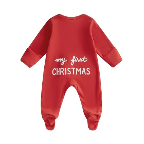 Image of HYUFGTYUY My First Christmas Baby Boy Girl Outfit Newborn Footie Romper Long Sleeve Jumpsuit Zipper Onesie Winter Clothes