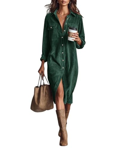 chouyatou Women's Fall Corduroy Button Down Shirt Dress Casual Lapel a Line Pleated Tunic Shift Midi...