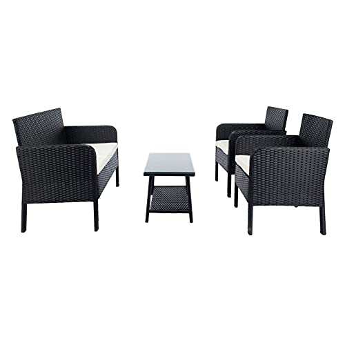 Image of Carry Bird 4 Piece PE Wicker Rattan Outdoor Furniture | 4 Seater Balcony Sofa With Tea Table | Set of 2+1+1 Outdoor Patio Chairs with Coffee Table | Sofa Sets & Center Table for Home & Garden | 3 Piece Patio Stools with Table | Indoor Patio Furniture Set Space Saving | Rattan Chair | Patio Set | Wicker Conversation Set | Poolside Lawn Arm Chairs Set For Balcony & Terrace | Balcony Table chair Set | Hotel Patio Seating Chair & Table Set with Glass | Black Wicker-White Cushion