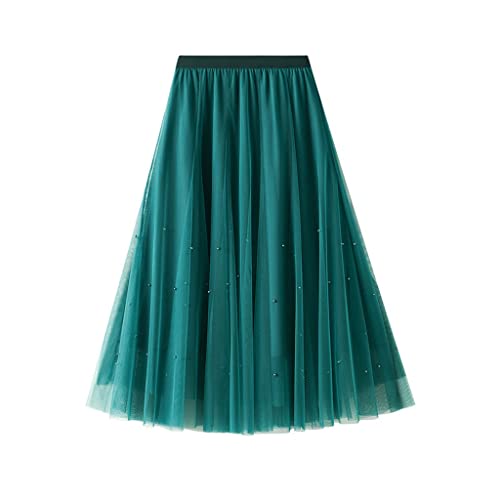 Faldas for Mujer Falda Midi de Cintura Alta Informal Mujer Ropa Sexy Malla Larga Sólido Rebordear Tul una línea Elegante y versátil (Color : Green, Size : One Size)