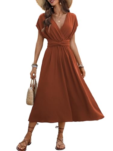 TredyDali Women’s V-Neck Wrap Midi Dress, Flowy Short Sleeve A-Line Ruched Elastic Waist Summer...