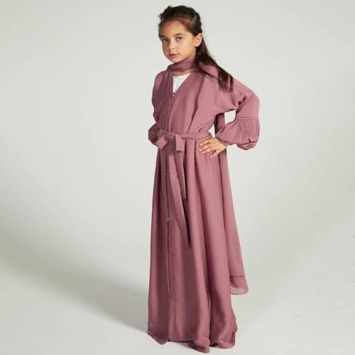 AWIBMK Girls Abayas Pleated layered Open Abaya Dubai Kaftan Prayer Dress with Belt Kids Islamic Muslim Cardigan Kimono Robe3