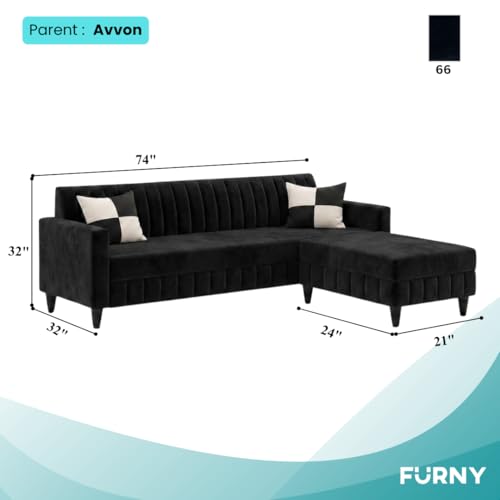 Image of FURNY Gracina 4 Seater L Shape Sofa Set with Movable Ottoman | Flexible Left or Right Layout | Plush Velvet Fabric (Black) | Perfect for Living Room, Guest Room & Office