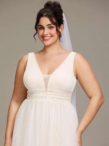 Image of Ever-Pretty Plus Women's V Neck Sleeveless A Line Pleated Tulle Floor Length Bridal Dresses Ivory US14