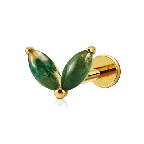 FINE4U Gold Helix Tragus Conch Piercing Jewelry Stud 18G 6mm 8mm - ASTM F136 Titanium Cartilage Flat back Moss Agate Earring Stud