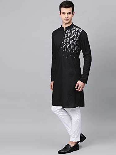 Image of See Designs Black & White Cotton Regular Fit Embroidered Kurta Set