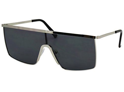 Oversized Flat Top Square VINTAGE RETRO SHIELD VISOR Style Aviator SUNGLASSES (Black Silver)