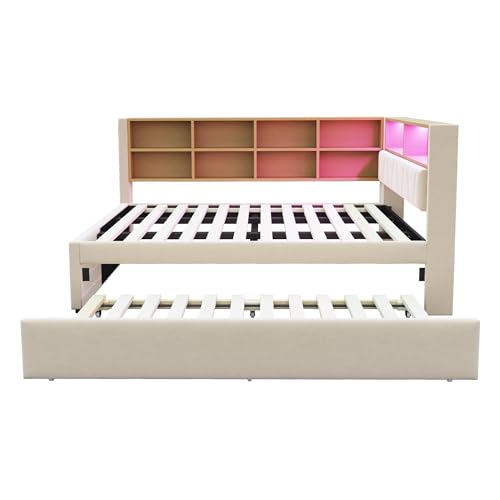 Tagesbett Schlafsofa 140x200 cm, Polsterbett Multifunktionsbett mit Ausziehbarem Bett 90x190 cm&USB-Steckdose&LED Leuchten& Mehreren Ablagefächern, Doppelbett mit Lattenrost, Ohne Matratze, Beige – Bild 8