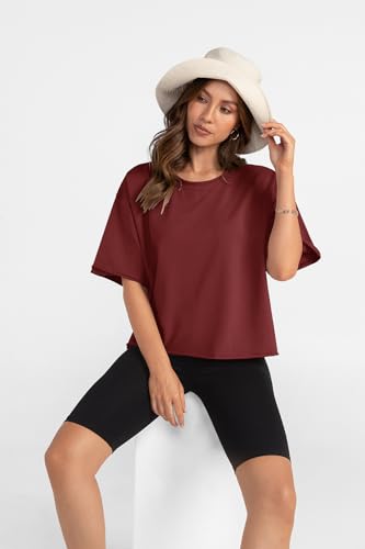 UEU Women's Comfy Basic Workout Gym Short Sleeve Crop Tops Casual Loose Oversized T-Shirts2