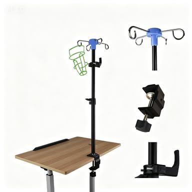 Table IV Pole, Telescopic Desktop IV Stand with 4 Bag Holders, Portable Frosted Pipe Extension Infusion Pole with Storage Hook for Home Hospital Clinic Use
