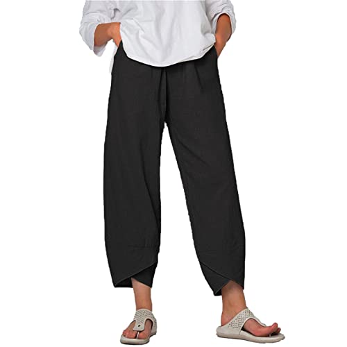 Maiyifu-GJ Women's Cotton Linen Loose Pants Summer Casual Baggy Lounge Pants Elastic Waist Lightweight Wide Leg Trousers (Black 2,3X-Large)