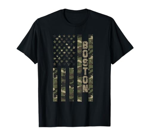 Boston United States Distressed Camo w US Flag T-Shirt