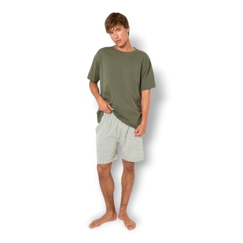 TRAMAS+ Pijama Hombre Verano 100% Algodón, Conjunto de Camiseta de Manga Corta y Pantalón Corto, Ropa de Dormir Fresca y Cómoda - L, R cilian, Verde cacería