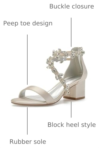 Image of Anna's Bridal Women's Low Block Heel Sandals Chunky Ankle Strap Crystal Wedding Dress Shoes Low Heel Comfortable Pump Sandals