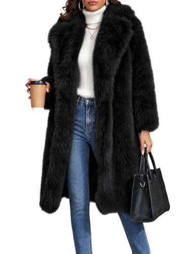 Bluetime Womens Plus Size Faux Fur Coat Elegant Winter Black Overcoat XXL | Mid-Length Coat, Side Pockets, Trench Coat with Fur, Formal Party Cocktail Dress Coat, Snow Outfit, Plush Winter Outerwear