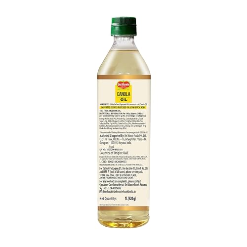 Image of Del Monte Canola Oil, 1L | Rich in MUFA, PUFA, Omega 3 & 6 | 0% Trans Fat | Ideal for Everyday Indian Cooking | Imported Oil (Pack of 3)