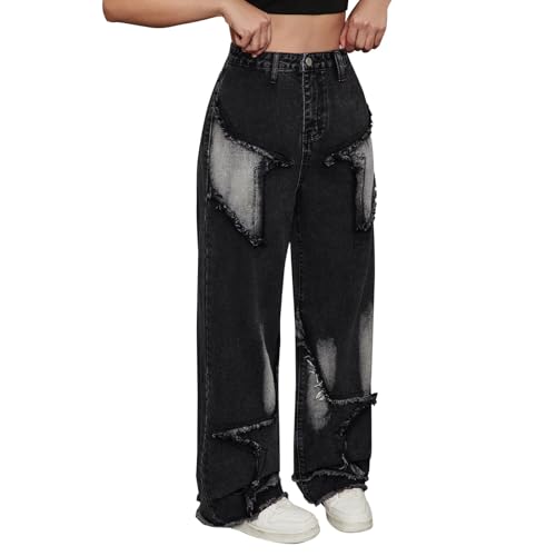 Baggy Jeans for Teen Girls Star Applique Button Zipper High 𝗥ise Wide Leg Denim Pants Streetwear 𝗩intage Pants2