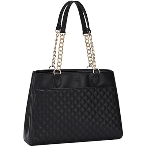 Quilted Tote Bag for Women, Laptop Shoulder Purse for Office, Large Designer Leather Work Tote Handbag (Black) Cover