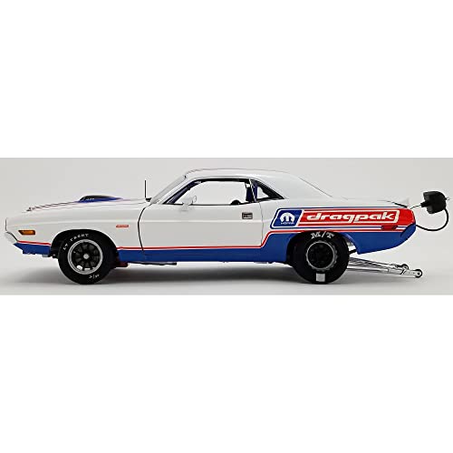 Modelo a Escala 1:18 Acme 1971 426 HEMI Challenger R/T Drag Outlaws Edición Limitada Blanco con Rayas Azules y Rojas miniatura 2