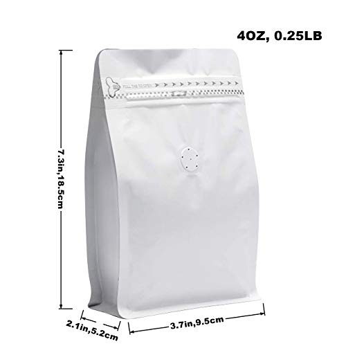 Image of 4 Ounce White Kraft Paper Coffee Bags, Stand Up Coffee Pouches with One Way Degassing Valve and Reusable Side Zipper (Pull Tab to Open) Flat Bottom - Stand Up Well (50pieces / 4oz, 0.25lb, 100gram)