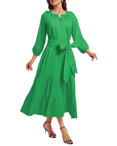 Image of YEXPINE Women's Ruffle Maxi Dress Puff Sleeve Flowy Tiered Long Dress with Belt