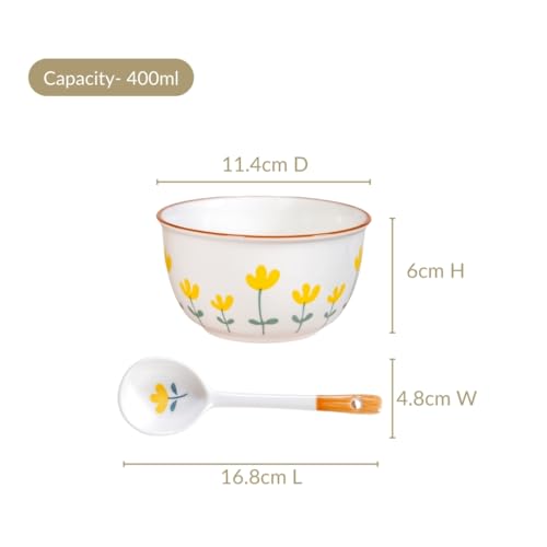 Image of Nestasia Ceramic Soup Bowl with Spoon Set of 4 (400ml Each) - Floral Microwave & Dishwasher Safe Bowl Set for Serving Soup, Curry, Custard, & Dessert - Perfect for Gifting & Daily Use (White & Yellow)