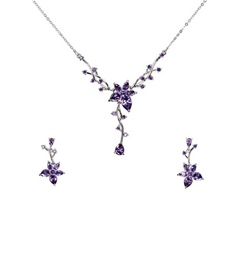 Faship Gorgeous Purple CZ Crystal Floral Necklace Earrings Set -