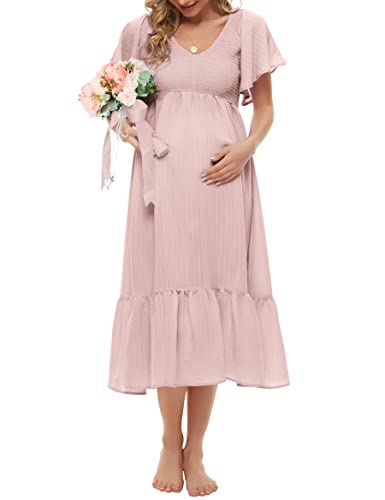 KIM S Maternity Dress for Photoshoot Summer Dresses for Women Maternity Dress Womens Dresses Midi Dress Baby Shower Maternity Clothes Pink L
