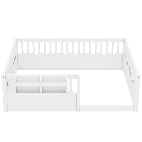 Image of Bellemave Full Size Kids Montessori Floor Bed,Solid Wood Floor Bed Frame with Bookshelf and High Fence for Kids,Girls,Boys,White