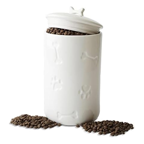 NIXBYO Ceramics Dog Food Storage Container, 5" Round x 9" Tall Cat Dog Pet Treat Jar, with Rubber Sealing Ring Cup Lid and Bone Handle,White for Small, Medium and Large Dogs Cookie Jar Cover