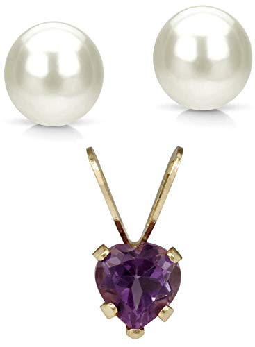 Jewelry Source14 Karat Solid Gold Genuine 7.5 mm Pearl Earrings and Genuine Amethyst Heart Pendant
