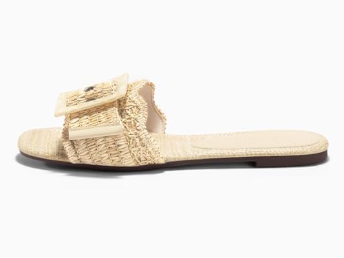 Image of Coutgo Womens Flat Sandals Raffia Slip On Slide Sandal Square Open Toe Buckle Summer Beach Shoes Flats