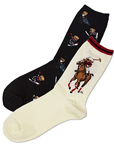 POLO RALPH LAUREN ポロ ラルフローレン レディース 靴下 ソックス 2足セット ポロベアー ブラック アイボリー アソート ハイソックス[79258iv79022blset] [並行輸入品]