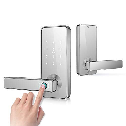 Keyless Entry Door Lock Smart Biometric Fingerprint Door Handle with Bluetooth App Anti-Peep Pin Code RFID Card Key Unlock Safe Front Door Lever for Home Office Apartment Garage by Nyboer(White)