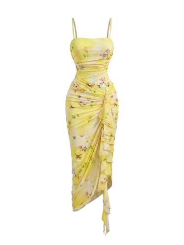 SOLY HUX Women's Floral Mesh Ruffle Hem Bodycon Midi Dress Light Yellow