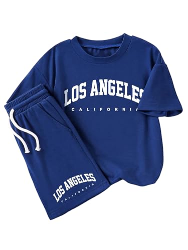 Image of Verdusa Girl's Tracksuit Sets 2 Piece Outfits Letter Print Vacation Tee Top and Drawstring Waist Shorts