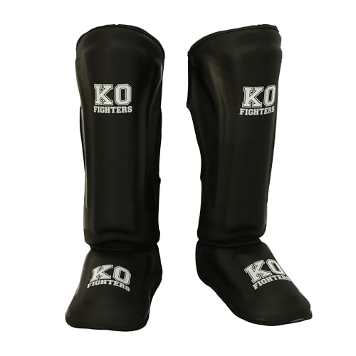 KO Fighters Schienbeinschoner Kickboxen & Muay Thai - Professionelle Schienbeinschützer mit Spannschutz für MMA & Kampfsport - Atmungsaktiv & rutschfest - Herren & Damen - Schwarz