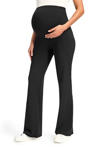 JOYSPELS Maternity Bootcut Pants with Pockets Over The Belly Pregnancy Yoga Pants for Work Flare Maternity Leggings Black
